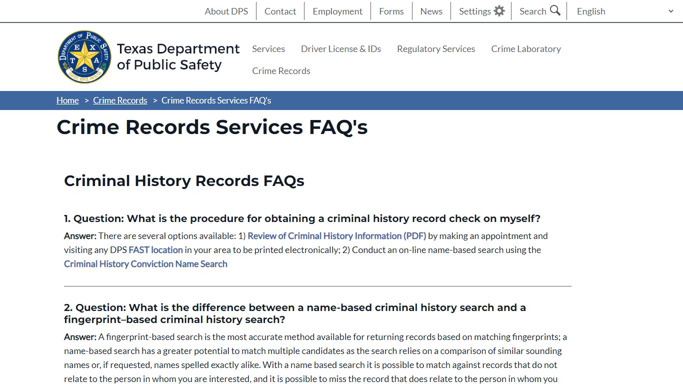 Crime Records Services FAQ's | Department of Public Safety